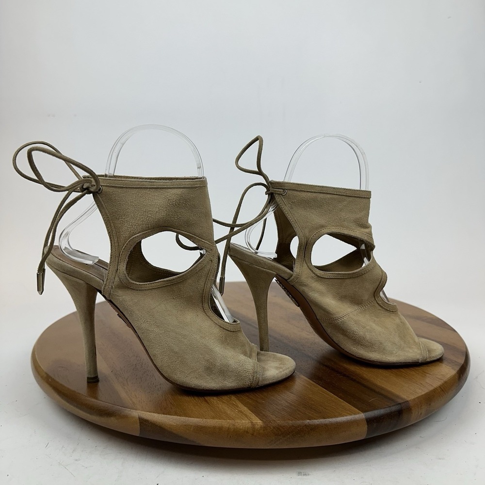 Womens Aquazurra Firenze Beige Suede Strappy Caged Lace Up Heels Size EU 36